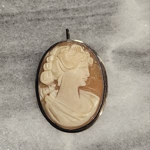 Vintage Shell Carved Cameo Brooch Pin Pendant Sterling silver 925
